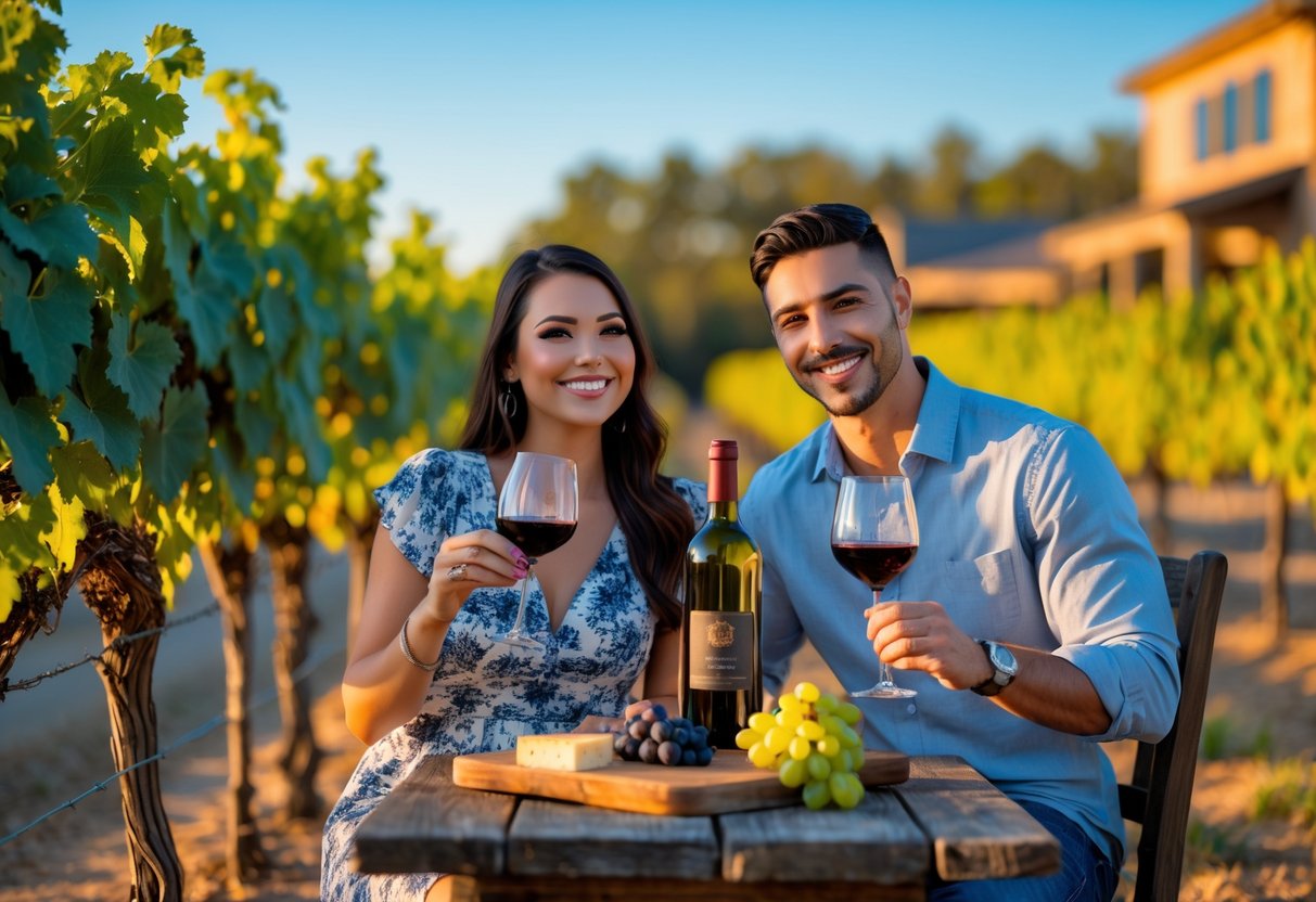 A young couple tasting wine outdoors at a winery with grapevines and a rustic table with wine and cheese.