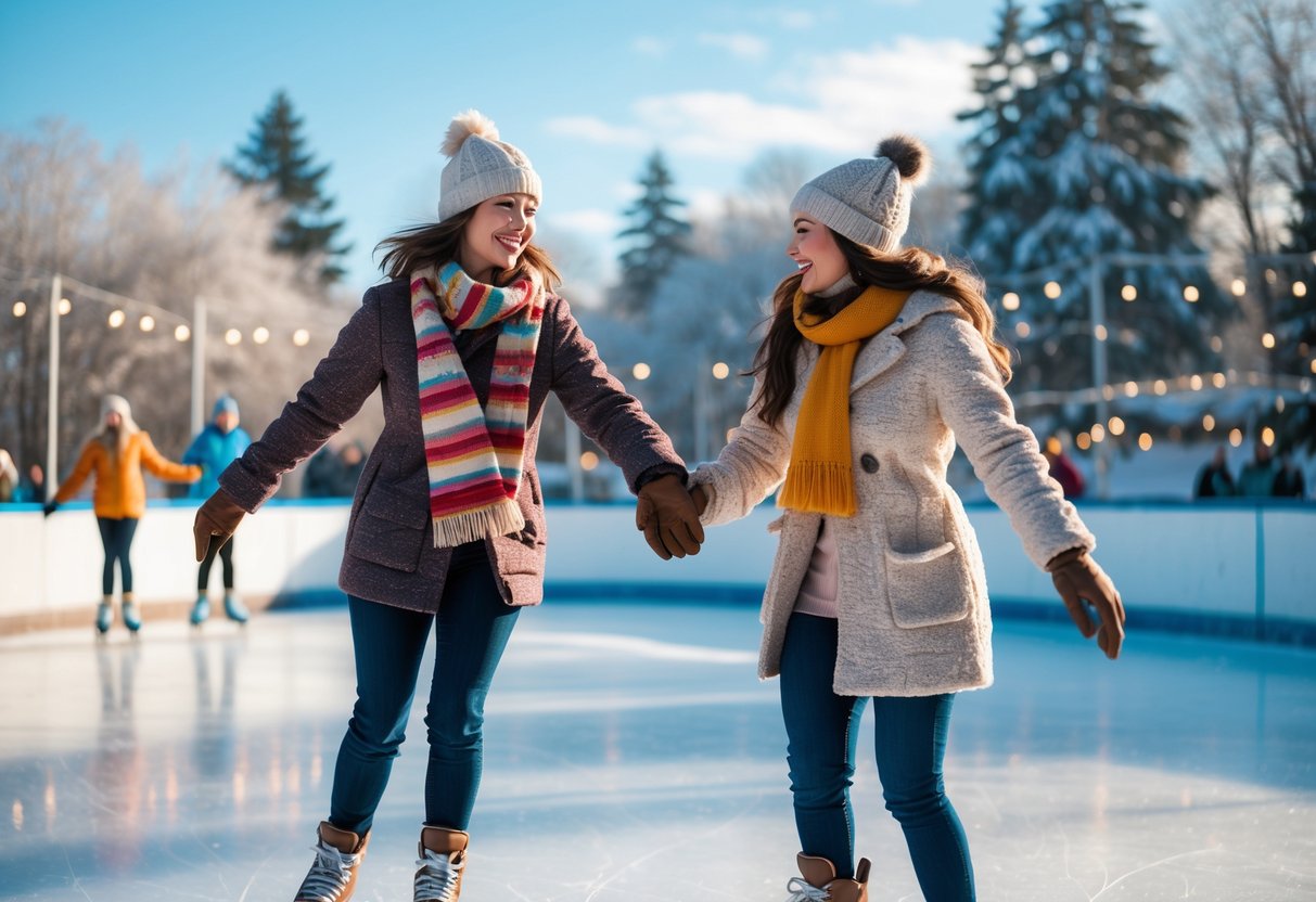 A couple ice skating hand in hand at an outdoor rink surrounded by snow-covered trees on a clear winter day.