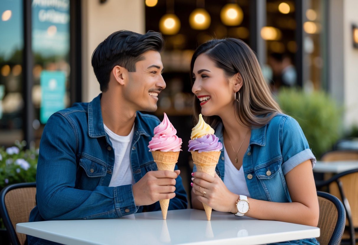 A young couple enjoying colorful gelato cones together at an outdoor café table.