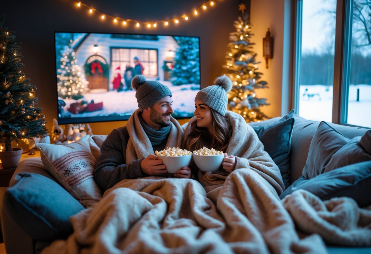 A couple sitting on a sofa watching a holiday movie, wrapped in blankets with popcorn and hot drinks, in a cozy room with festive decorations and a snowy view outside.