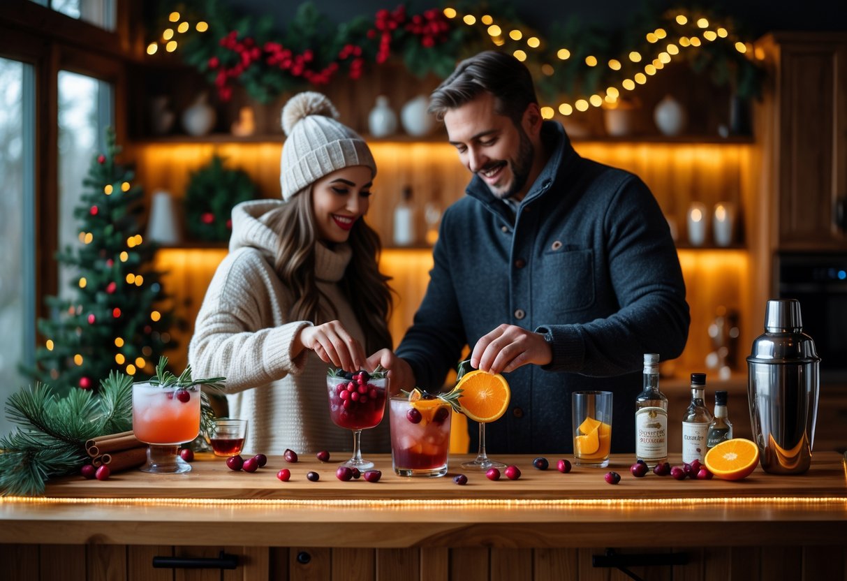 A couple making holiday-themed cocktails together in a warmly decorated kitchen with festive decorations.