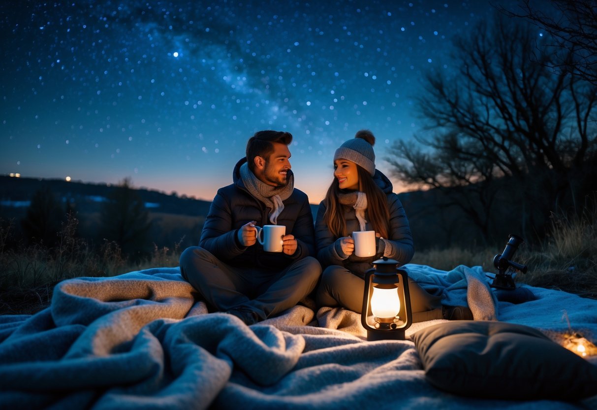 A couple sitting on a blanket outdoors at night, holding hot drinks and looking at the starry sky.