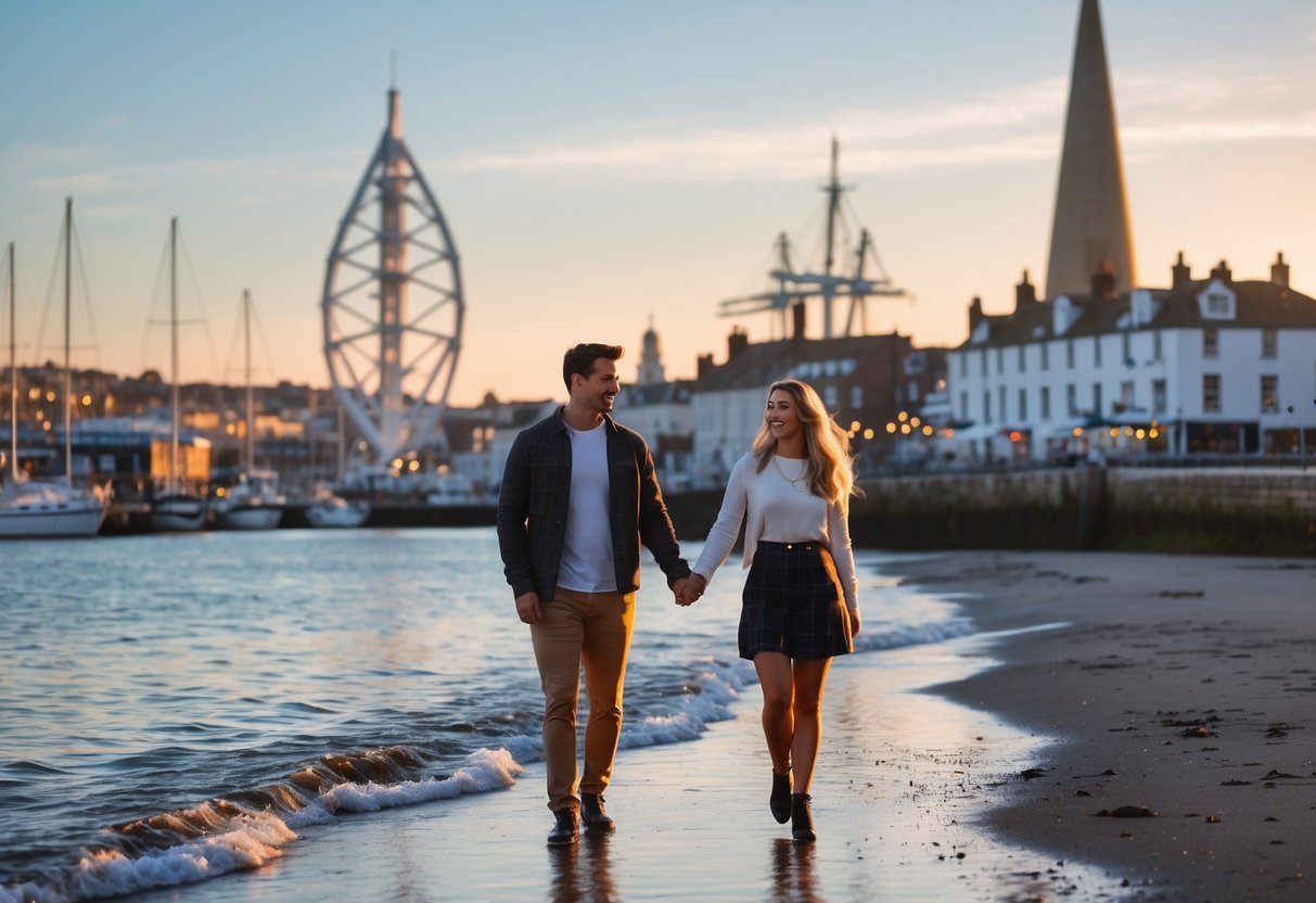 A young couple holding hands and walking along Portsmouth Harbour at sunset with the Spinnaker Tower and waterfront buildings in the background.