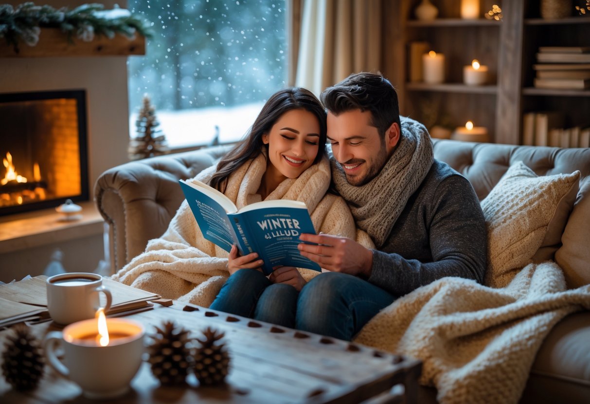 A couple snuggling on a sofa wrapped in blankets, reading books together near a fireplace with snow falling outside.