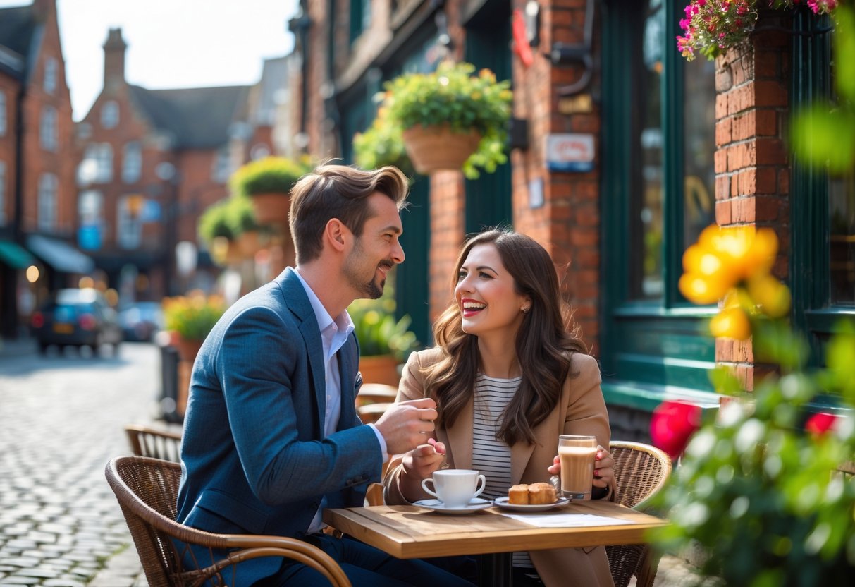A young couple enjoying coffee and pastries at an outdoor café in a sunny street in Preston with historic buildings and greenery around them.