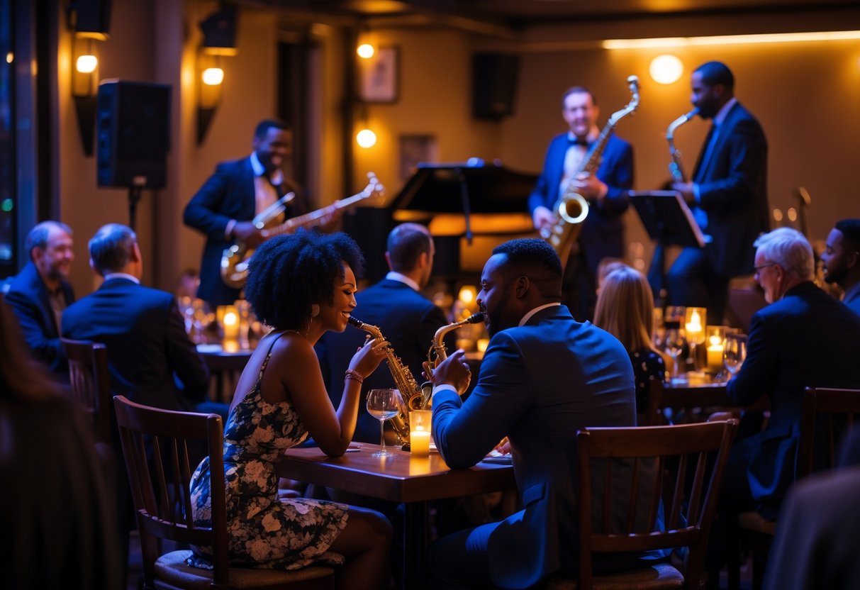A couple enjoying a live jazz performance at a cozy music venue with a jazz band playing on stage.