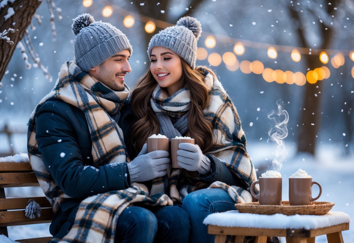 A couple dressed in winter clothes sitting close together on a bench outdoors, sharing a blanket and holding hot drinks in a snowy setting with trees and string lights.