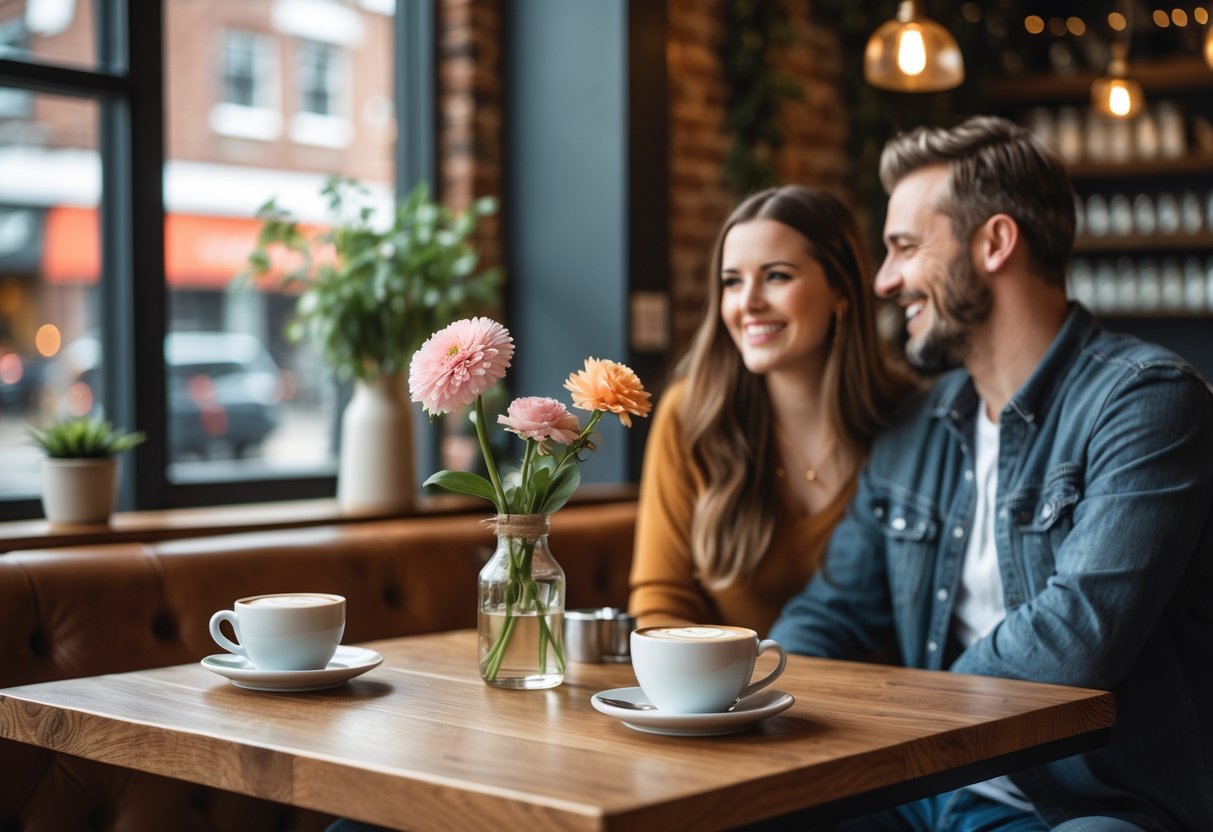 A couple enjoying coffee together at a wooden table inside a cozy coffee shop.