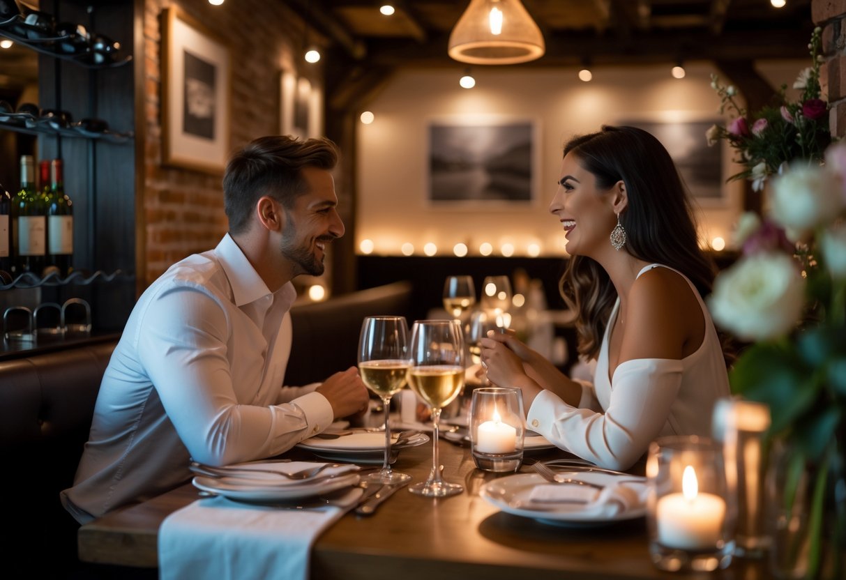 A couple enjoying a romantic dinner at a cozy bistro with candlelit table and warm lighting.