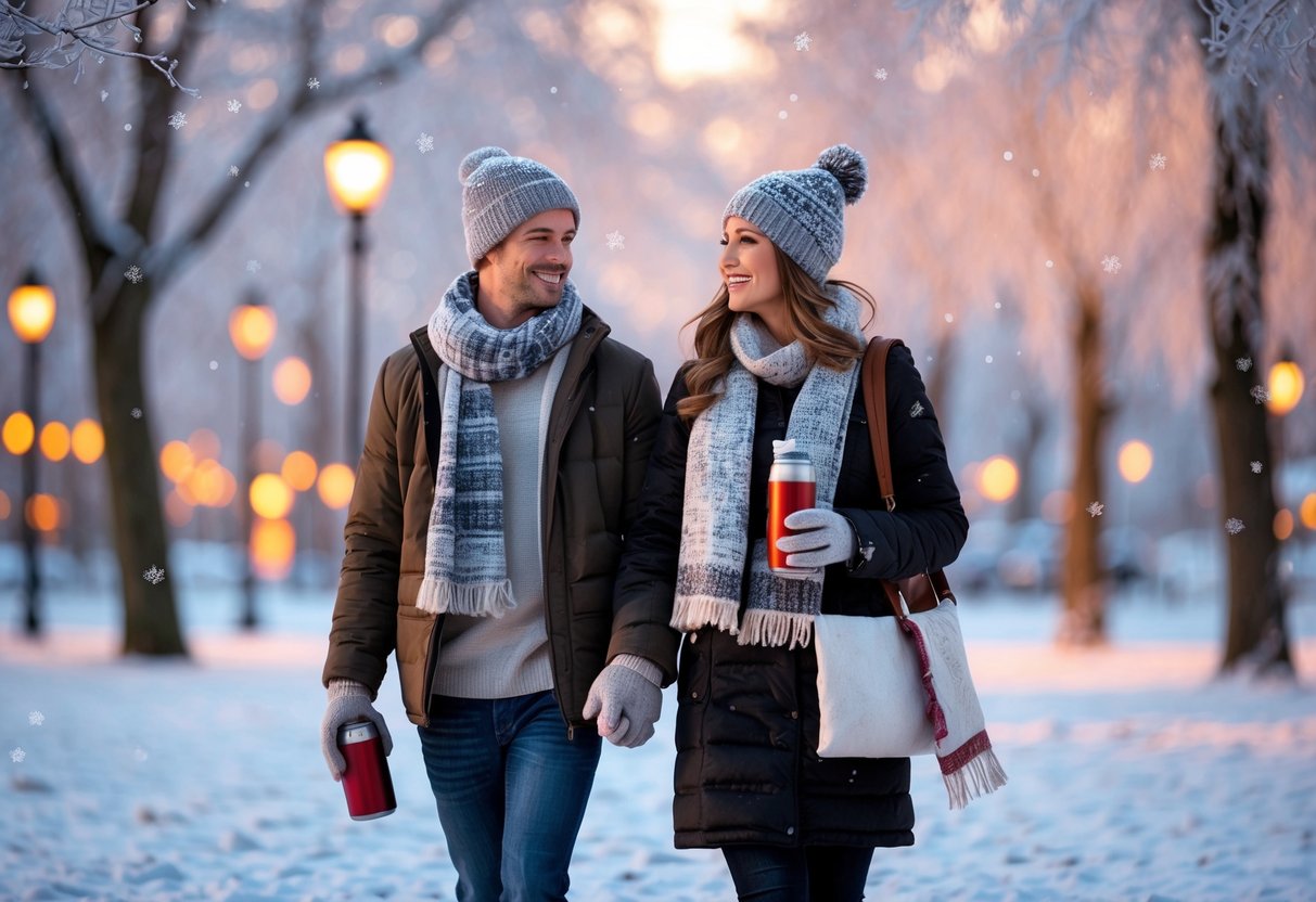 A young couple walking hand-in-hand in a snowy park wearing winter clothes, smiling and enjoying a cold weather date.