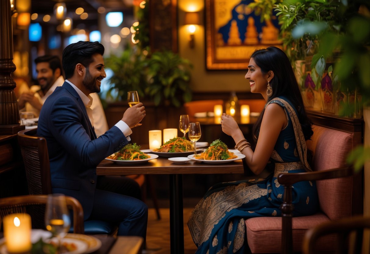 A couple enjoying a romantic dinner together at a warmly lit Indian restaurant.