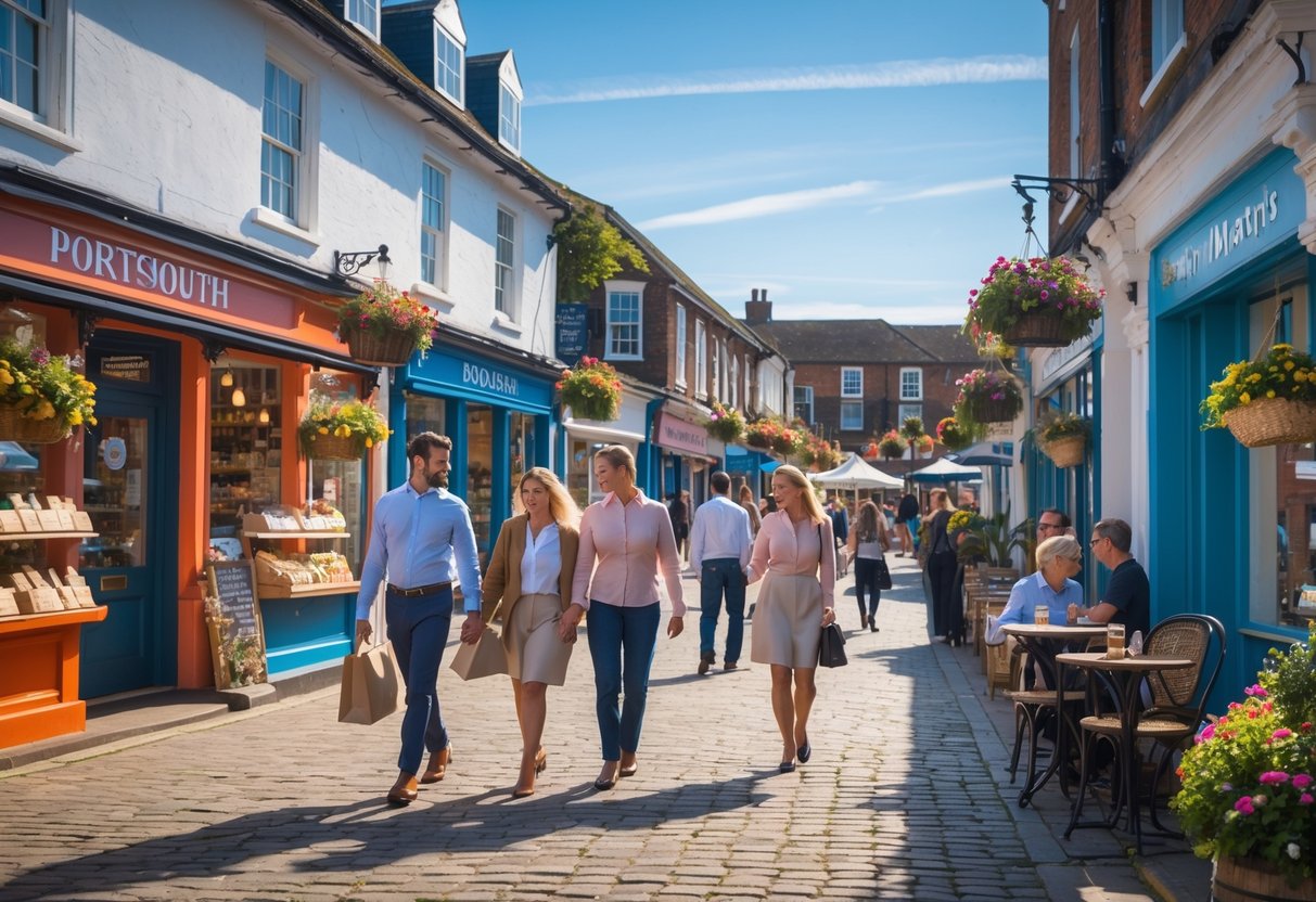 People walking and shopping in a lively Market Square in Portsmouth with colorful shops and outdoor cafés.