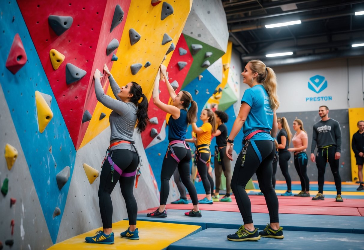 People climbing and bouldering on colorful indoor climbing walls at a local gym.
