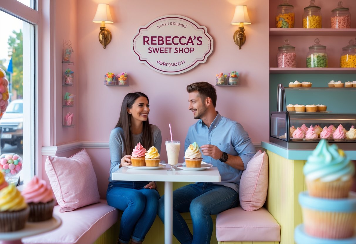 A young couple enjoying desserts together at a small table inside a cozy sweet shop with colorful treats and natural light.