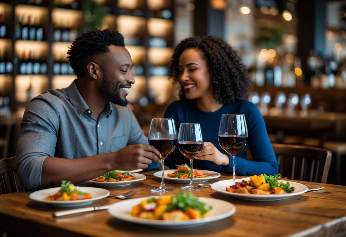 A couple enjoying a romantic dinner with tapas and wine at a cozy wine bar.