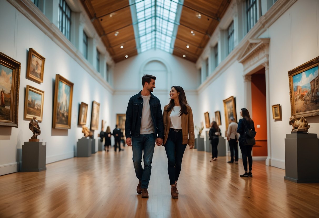 A young couple walking hand in hand inside an art museum gallery surrounded by paintings and sculptures.