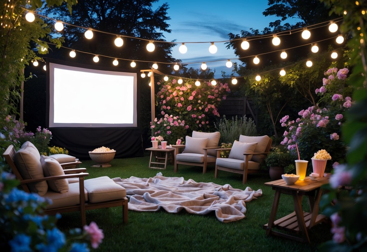 An outdoor garden patio set up for a movie night with a large screen, string lights, comfortable seating, and greenery around.