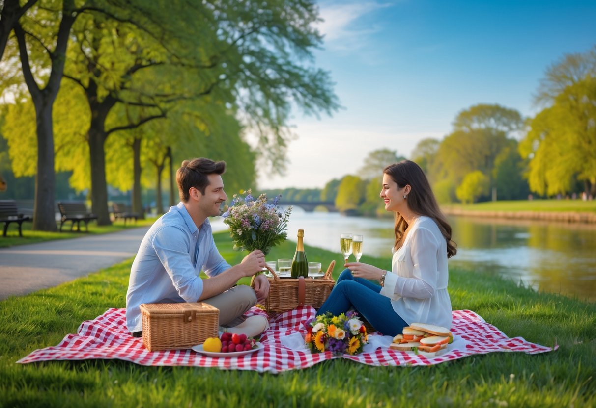 A couple enjoying a picnic on a blanket in a green park near water with trees and clear sky.