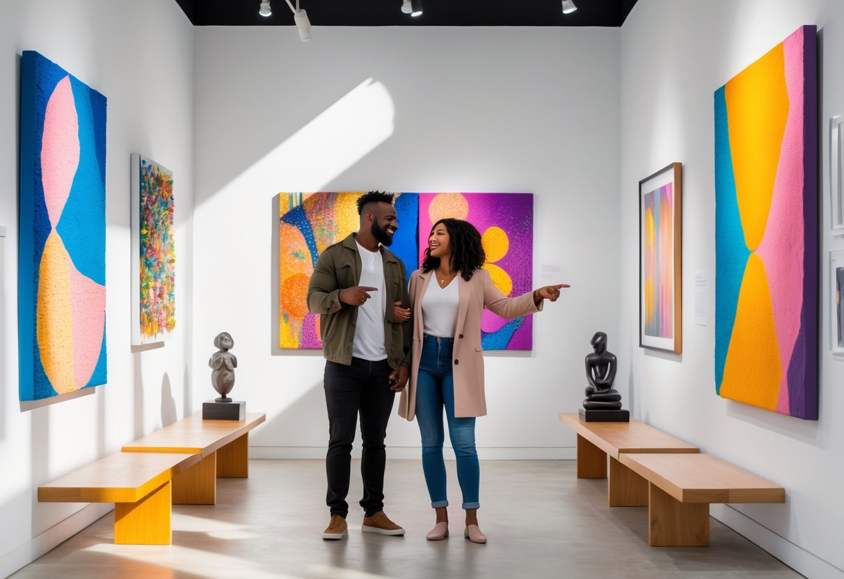 A couple enjoying a visit to an art gallery with colorful paintings and sculptures around them.