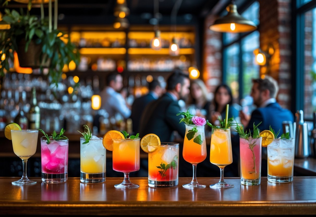 A cozy bar scene with colorful cocktails on a wooden counter and people enjoying drinks in the background.