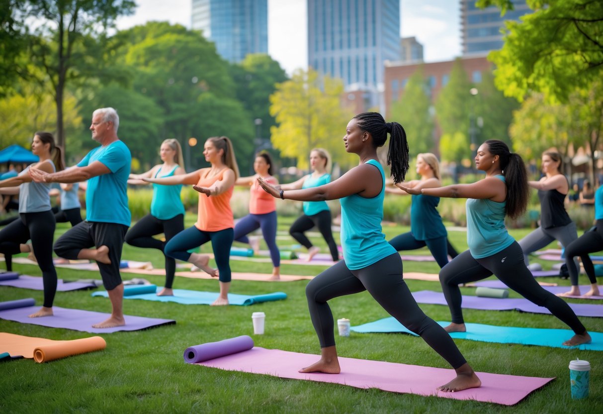 A group of people practicing yoga outdoors in a park with city buildings in the background.