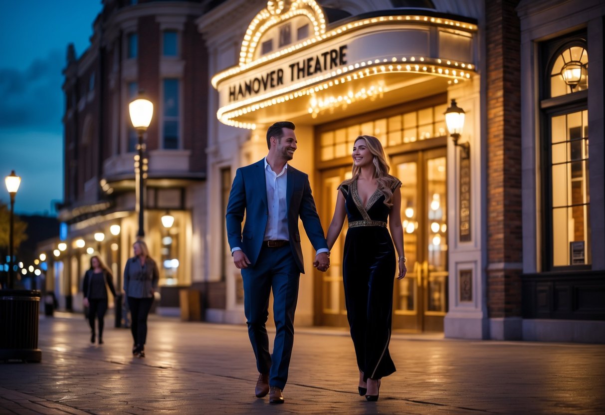 A couple walking hand in hand outside The Hanover Theatre at night, smiling and dressed for a date.