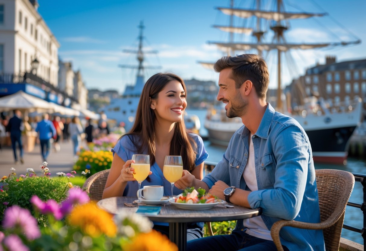 A young couple enjoying a sunny afternoon at an outdoor café by Portsmouth Harbour with historic ships and waterfront buildings in the background.