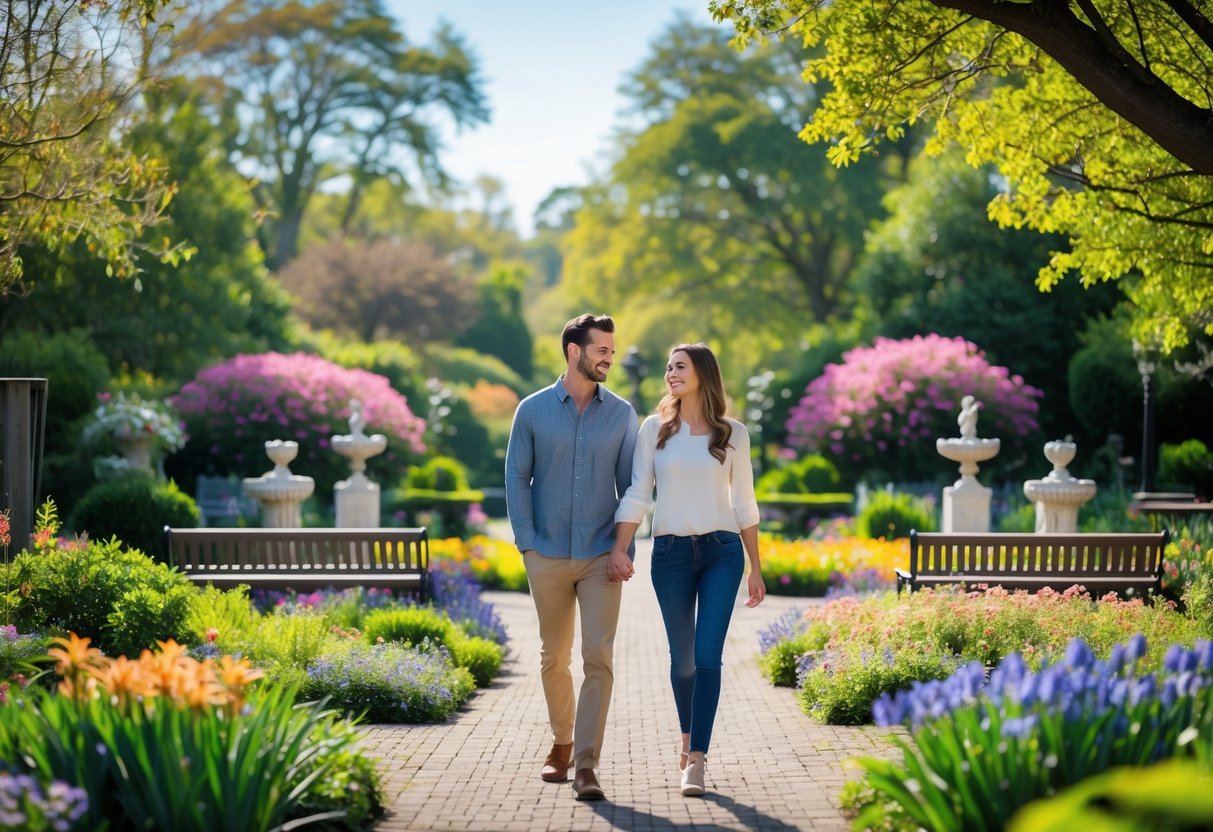 A couple walking hand-in-hand through a colorful garden with blooming flowers and green trees.