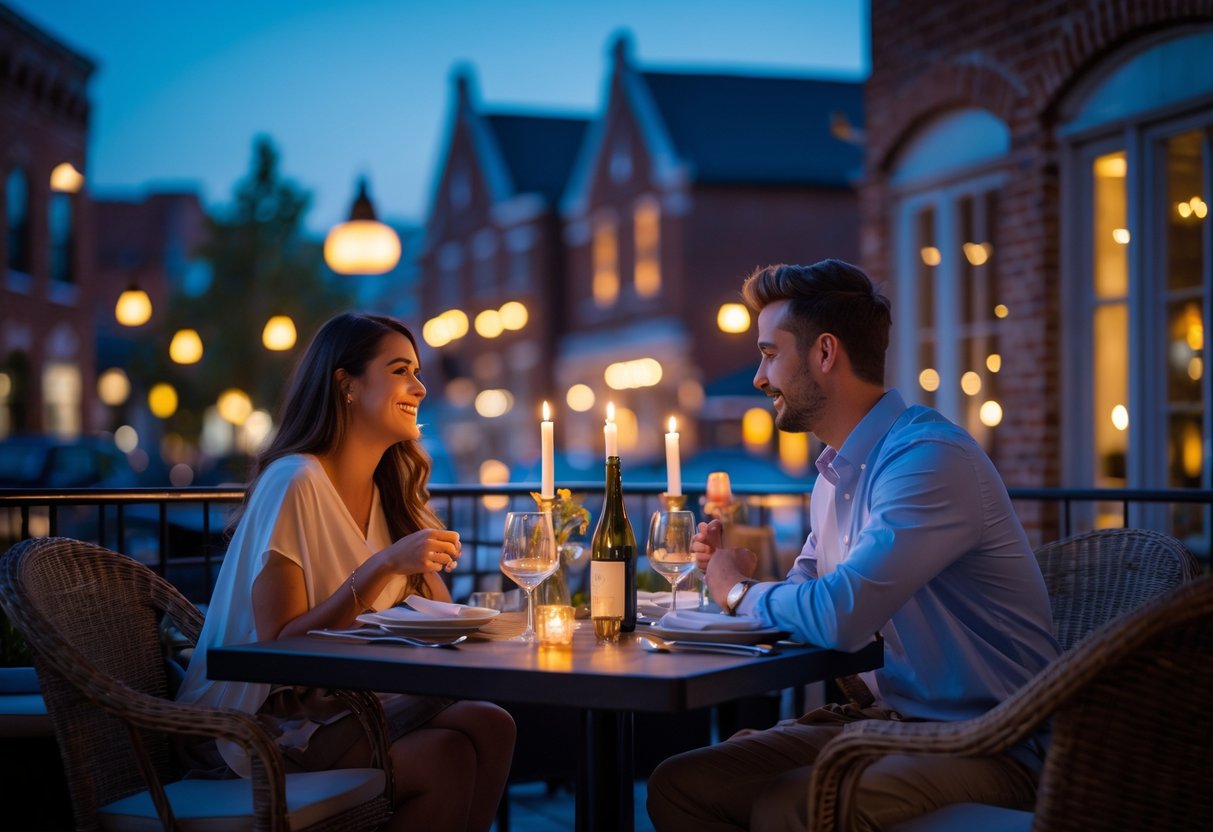 A young couple enjoying a romantic outdoor dinner at a restaurant terrace in the evening with city buildings in the background.