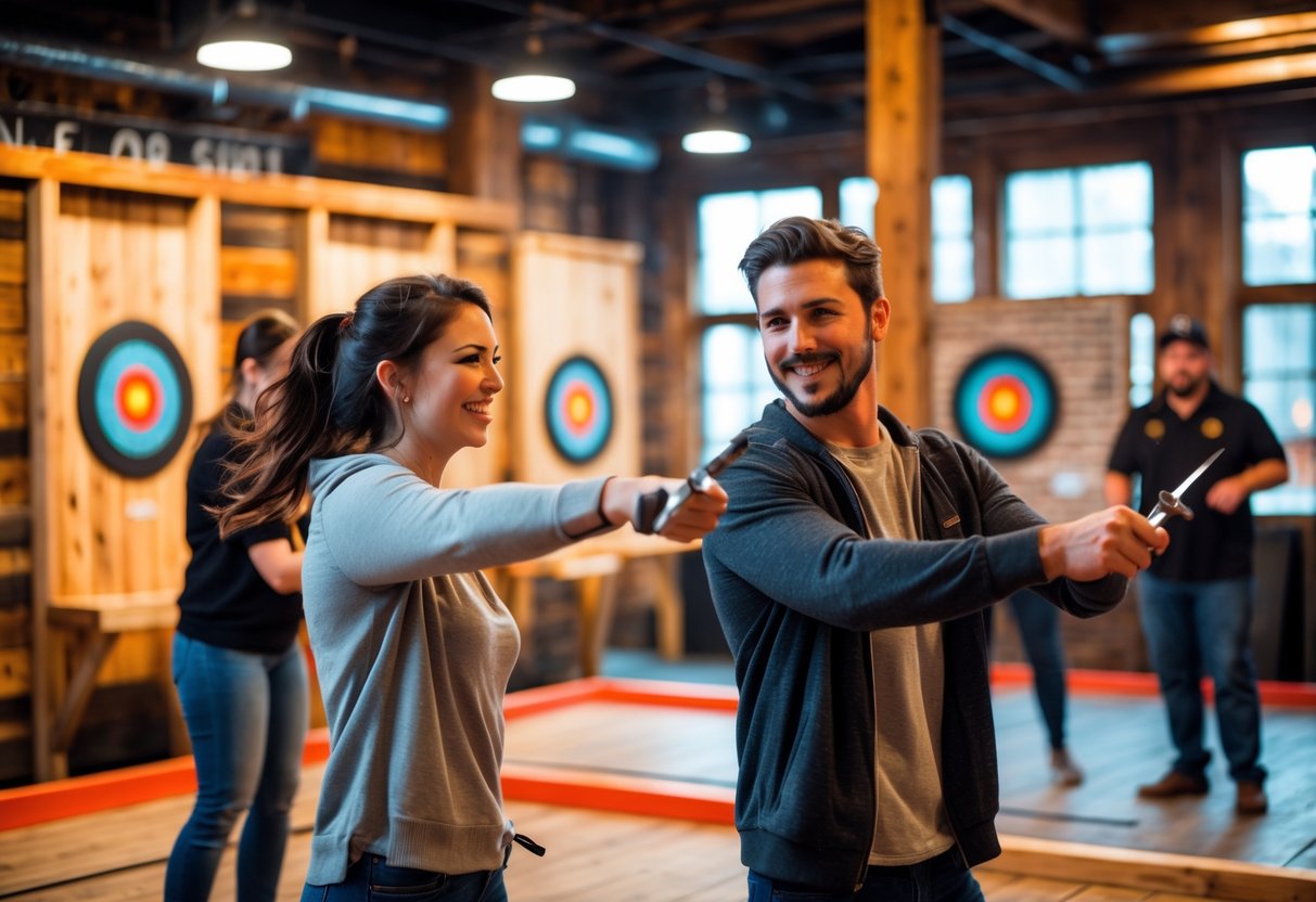 A young couple throwing knives at wooden targets indoors, enjoying a date at a knife throwing venue.