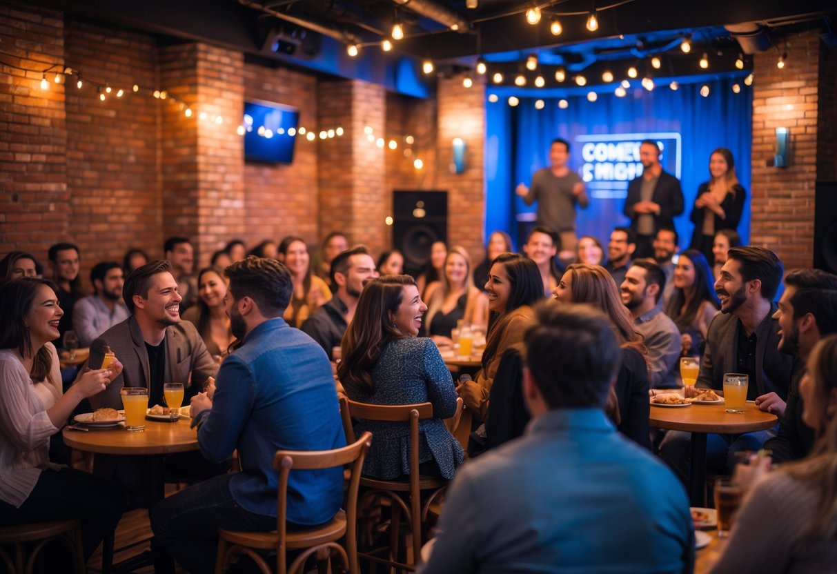 Couples and friends enjoying a comedy show at a cozy downtown club with warm lighting and a lively atmosphere.