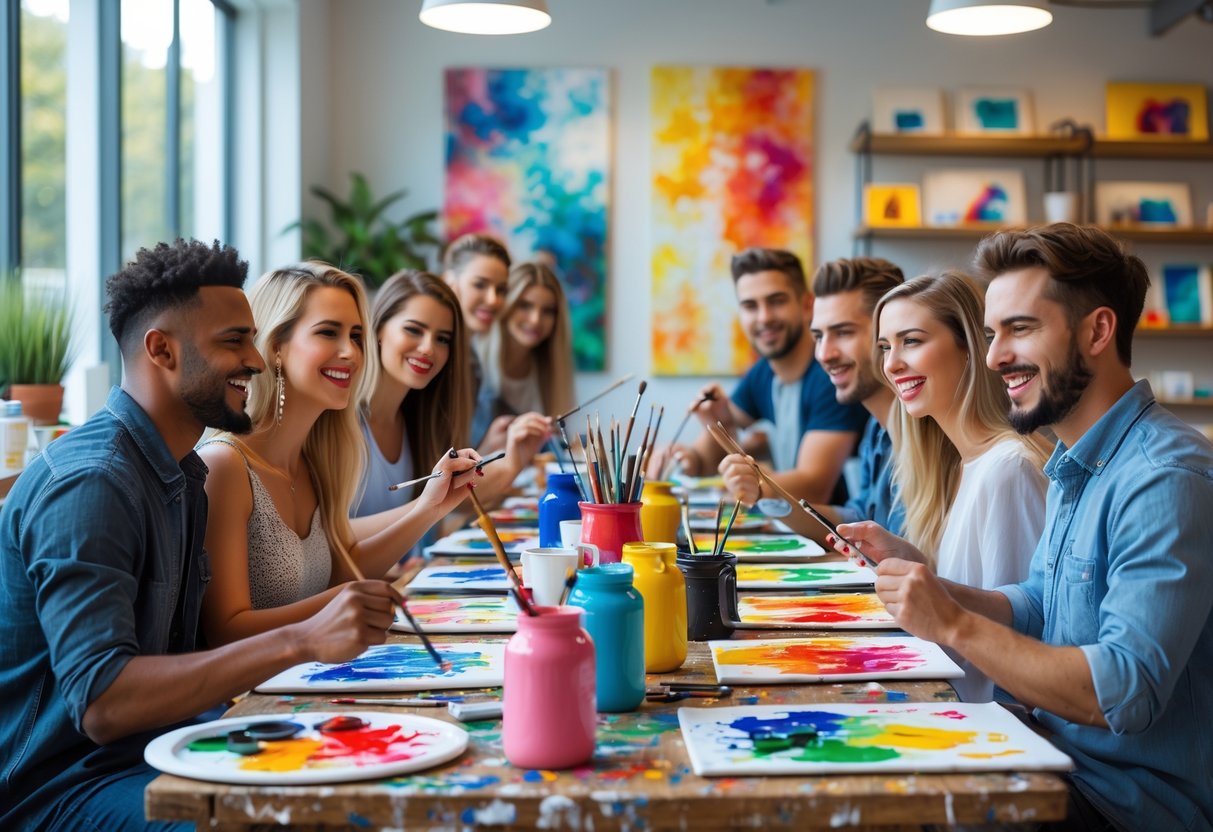 A group of young adults painting together in a bright art studio, smiling and enjoying their creative activity.