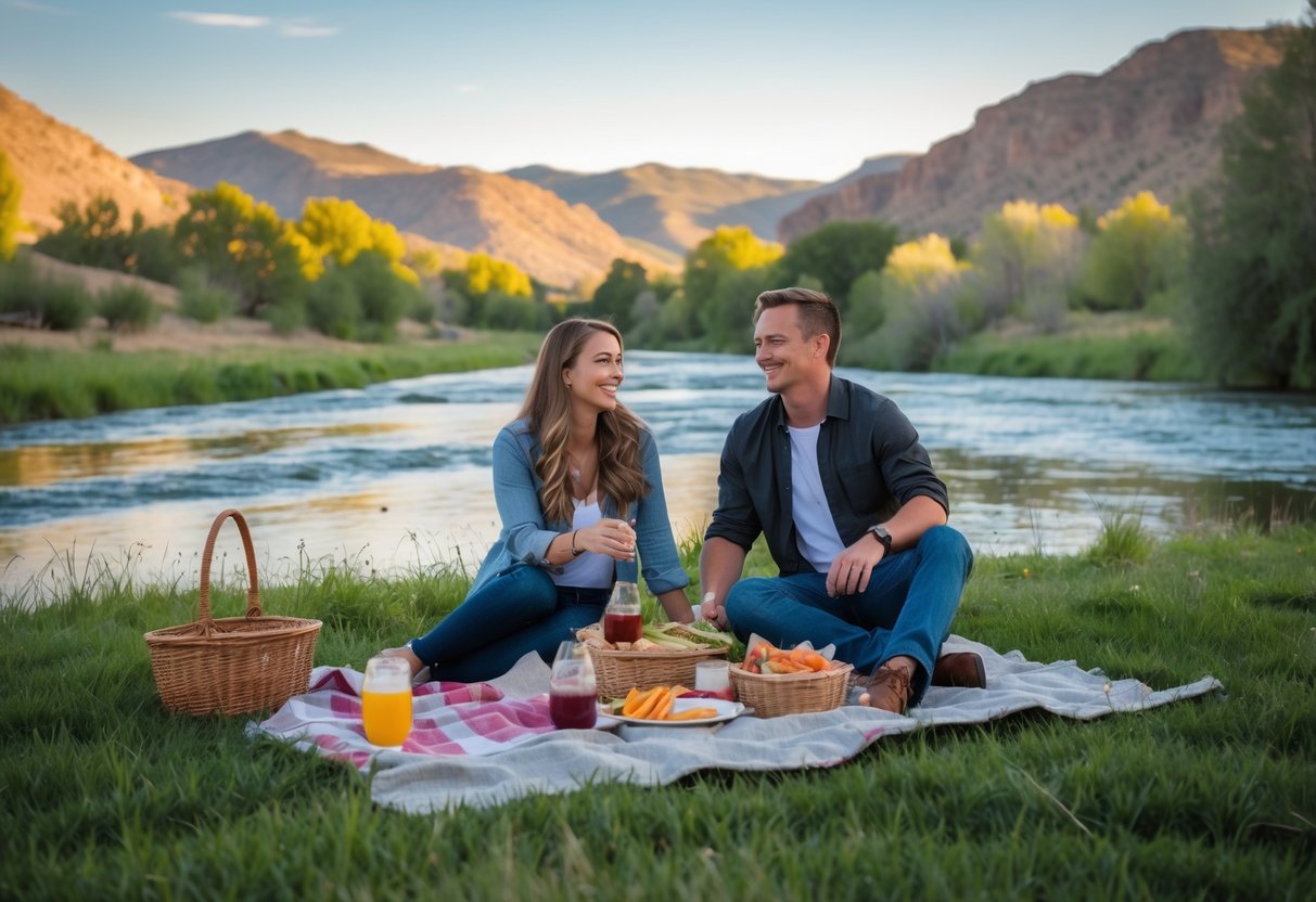 A young couple enjoying a picnic near a river with mountains and greenery in the background.