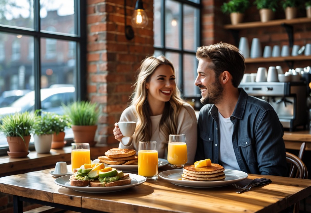 A couple enjoying brunch together at a cozy cafe with breakfast foods and drinks on a wooden table.