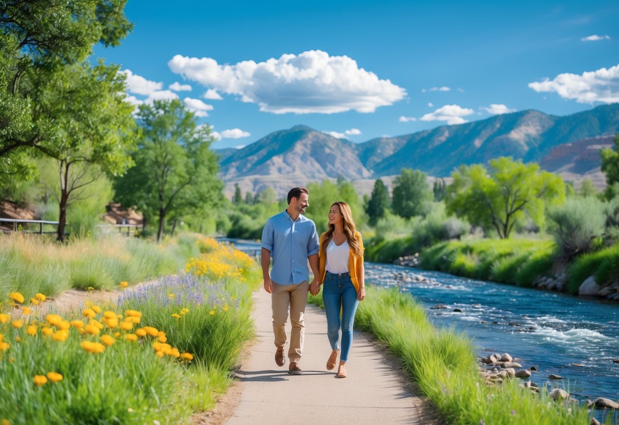 A couple walking hand-in-hand along a river trail surrounded by trees and mountains.