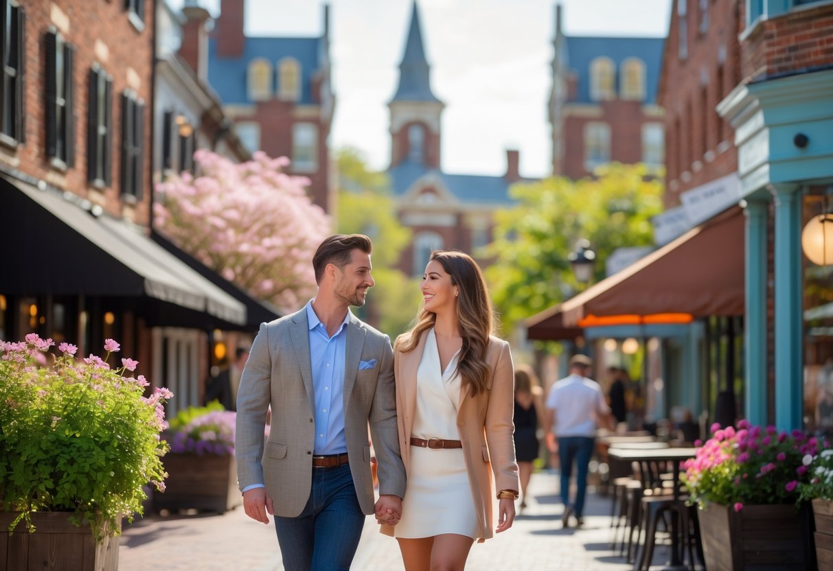 A couple walking hand-in-hand along a city street in Worcester with historic buildings and greenery around them.