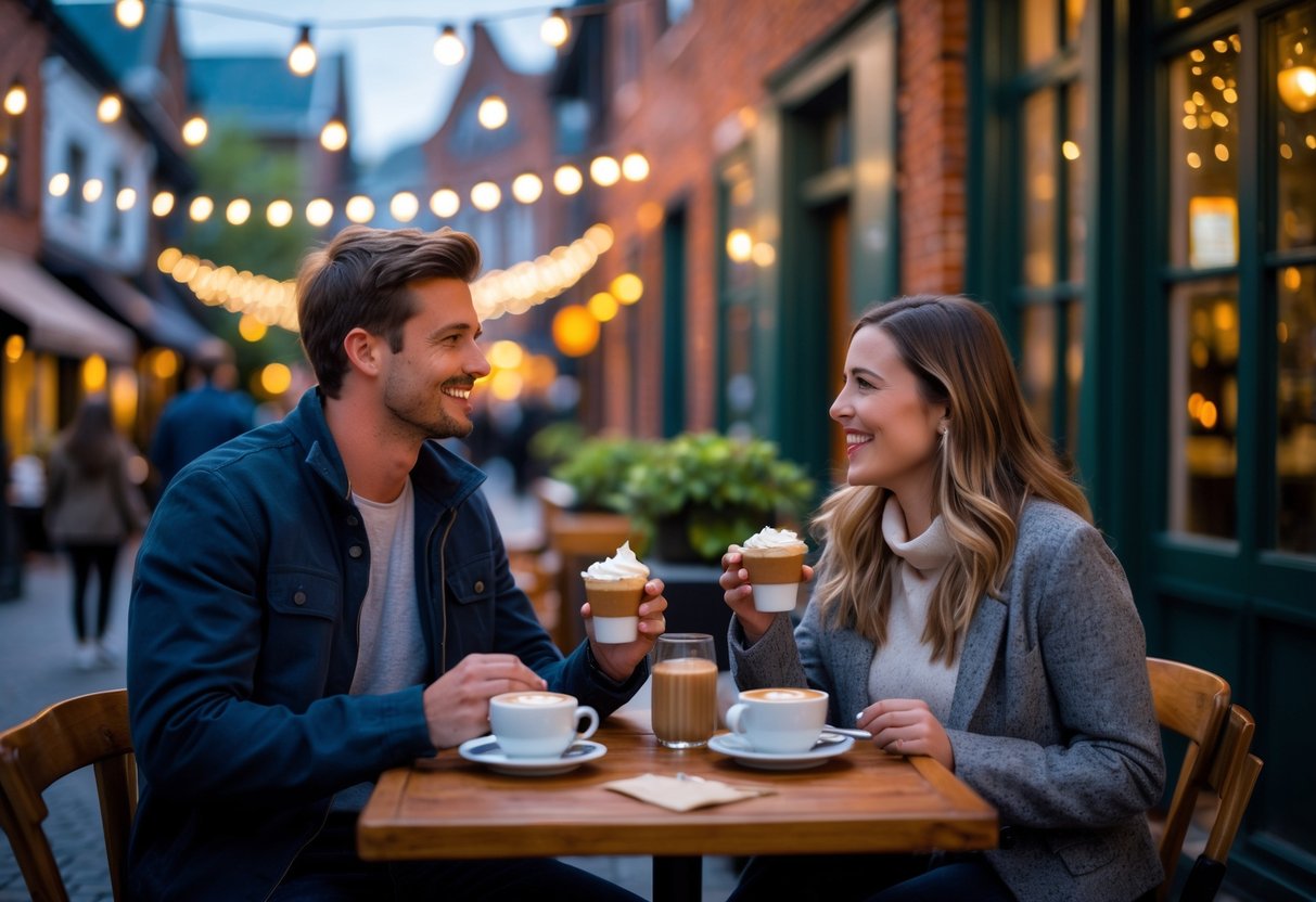 A young couple smiling and talking at an outdoor café on a charming street in Worcester during the evening.