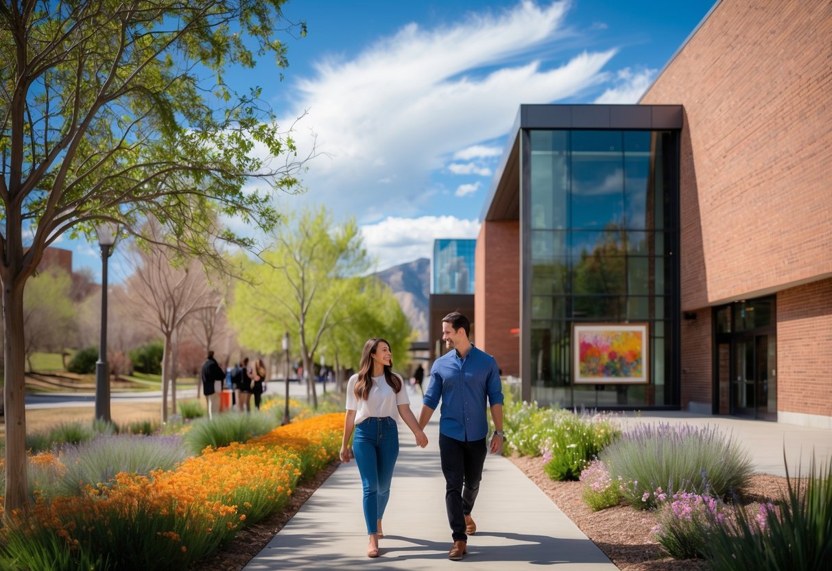A young couple walking hand in hand outside the BYU Museum of Art on a sunny day surrounded by trees and flowers.
