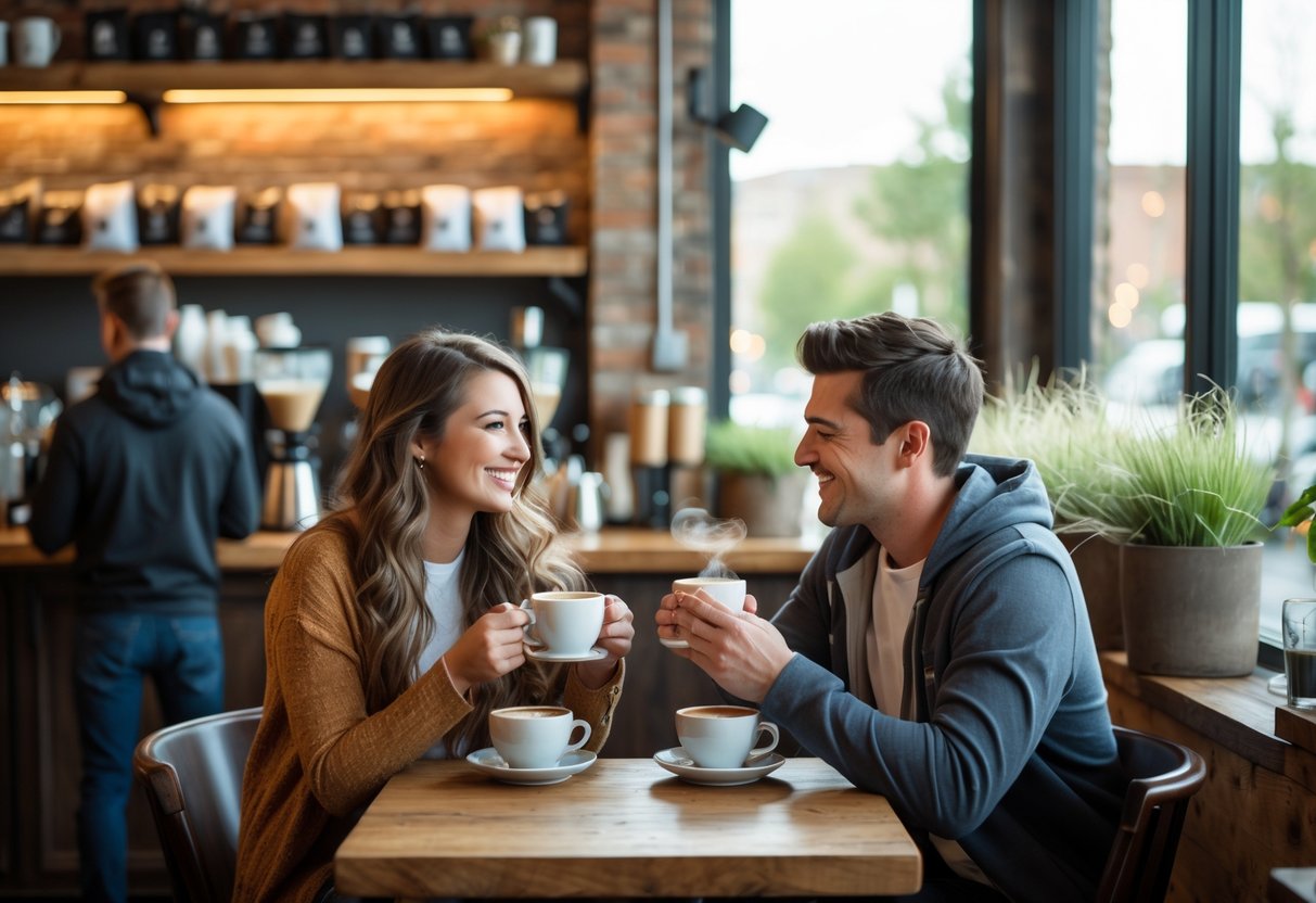 A young couple enjoying coffee together at a cozy coffee shop with wooden tables and natural light.