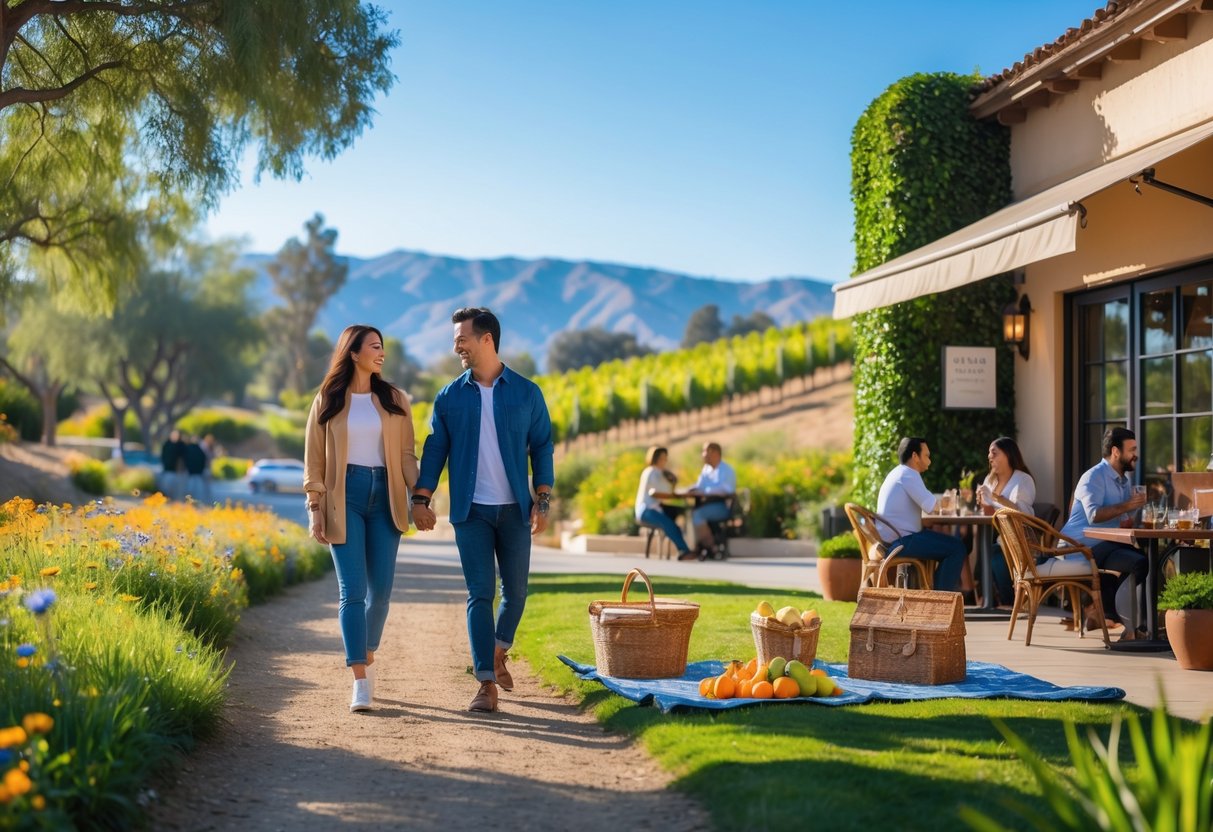 A couple walking hand-in-hand on a trail with mountains in the background, a picnic setup on grass, and a nearby café patio in Rancho Cucamonga.