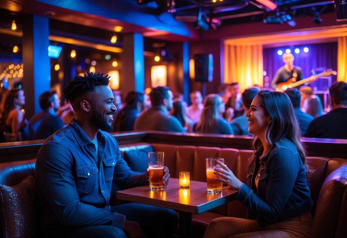 A couple enjoying live music inside a crowded lounge with a band performing on stage.