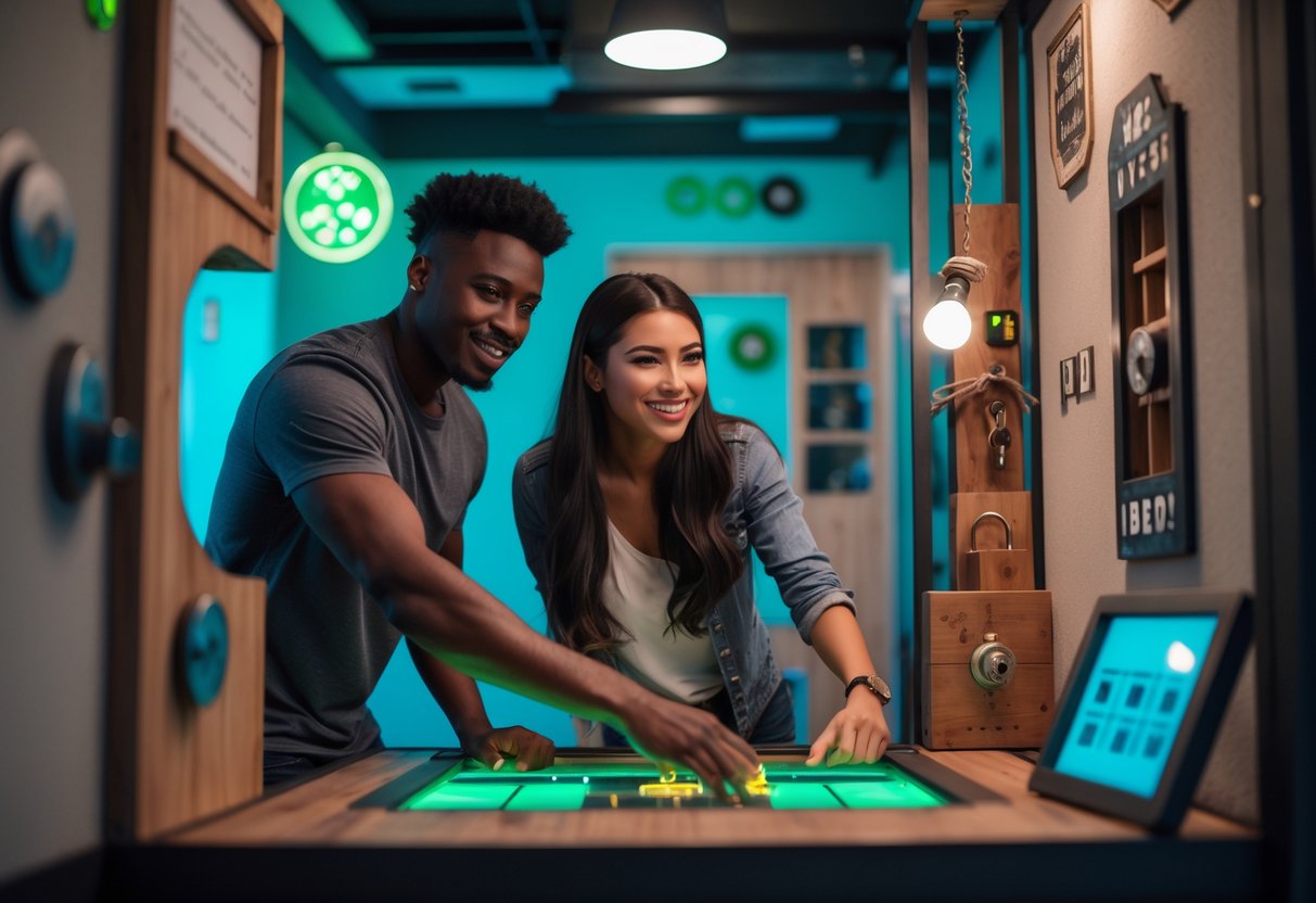 A young couple working together to solve puzzles in an escape room.