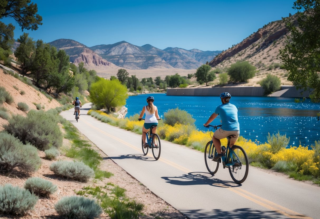 A couple riding bicycles on a trail beside a reservoir with mountains and trees in the background.