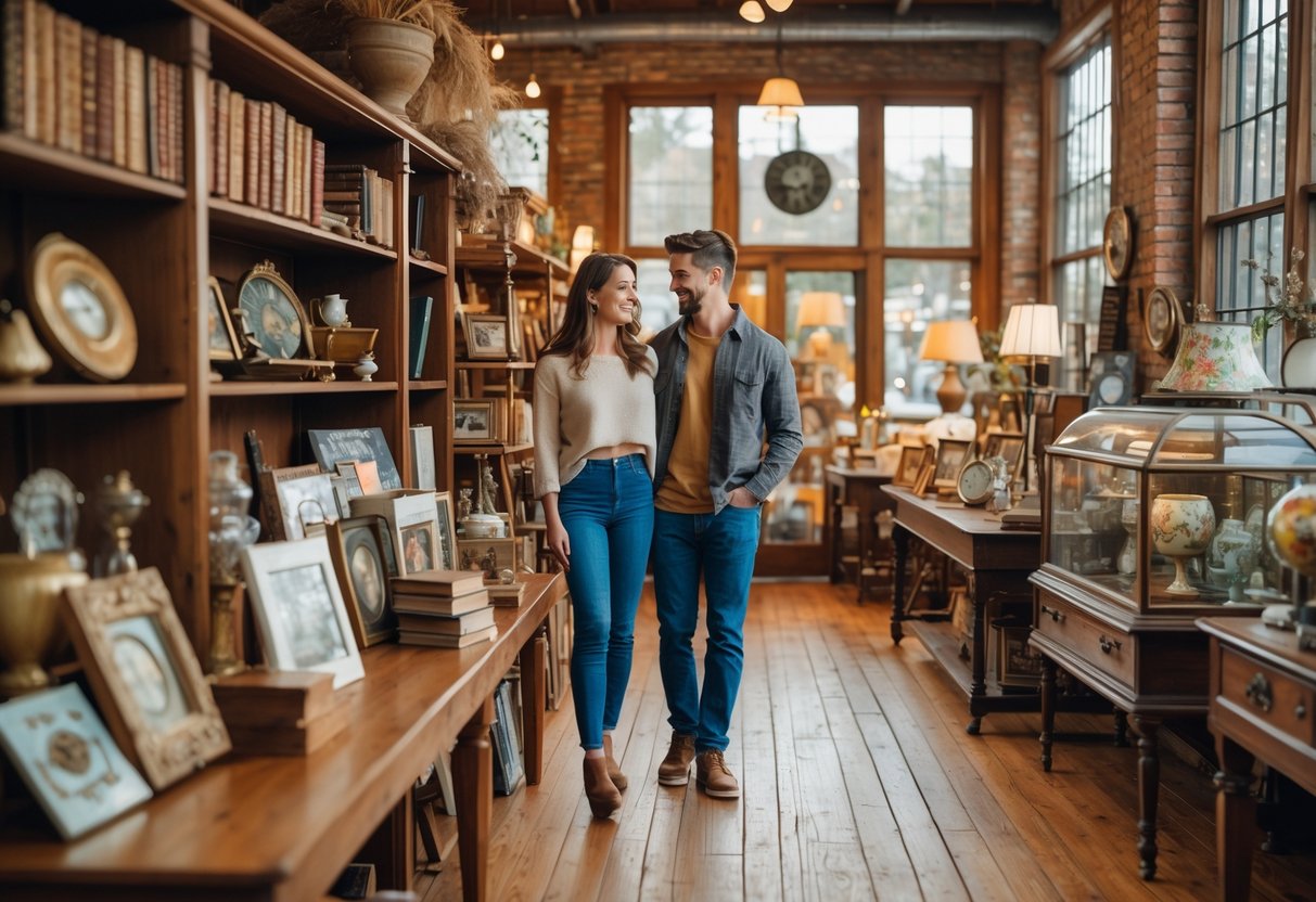 A young couple browsing vintage items inside a cozy antique shop with wooden shelves and warm natural light.