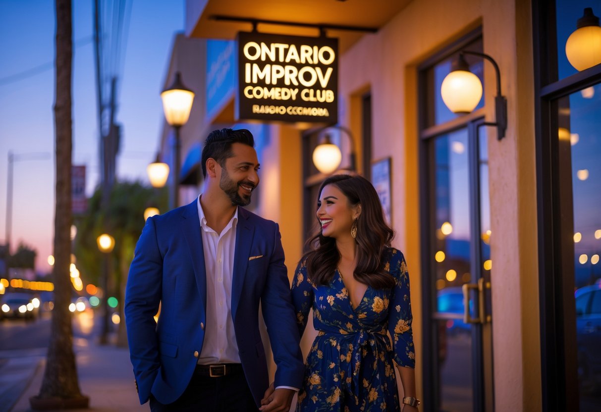 A happy couple standing outside a comedy club at twilight, smiling and holding hands in a lively urban setting.