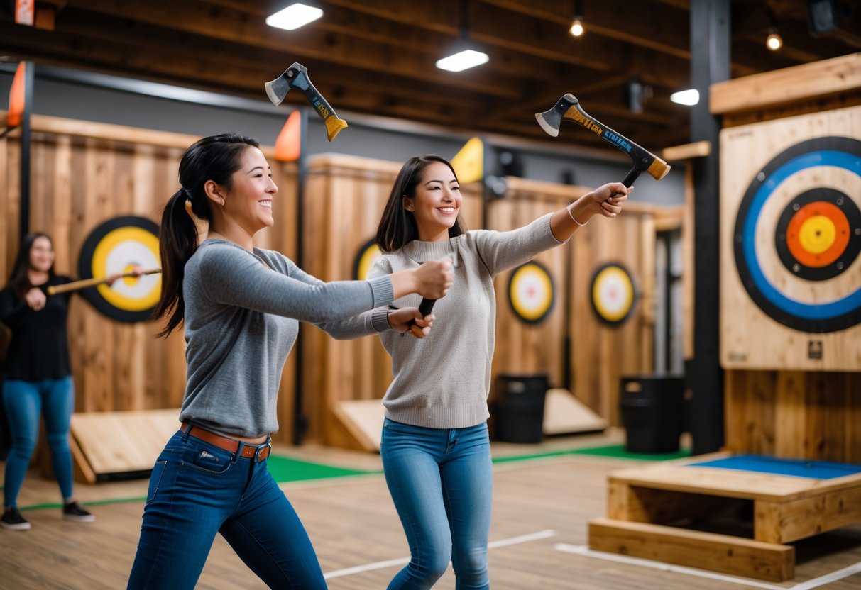 A couple throwing axes at targets inside an indoor axe throwing venue, smiling and enjoying their time together.