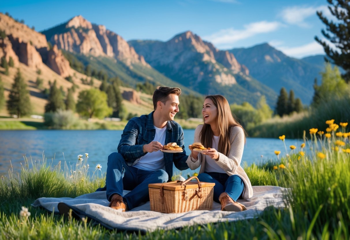 A young couple having a picnic near Utah Lake with mountains in the background on a sunny day.
