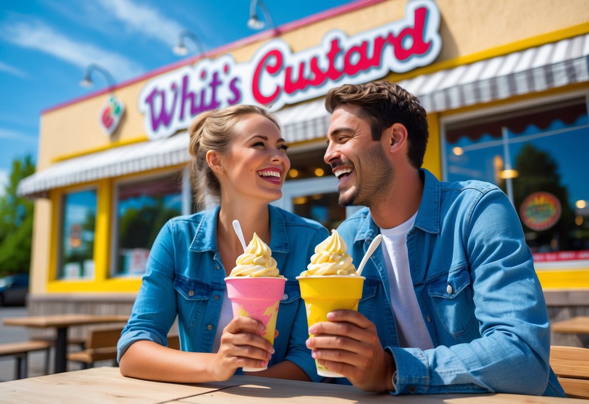 A young couple happily eating frozen custard outside Whit’s Frozen Custard on a sunny day.
