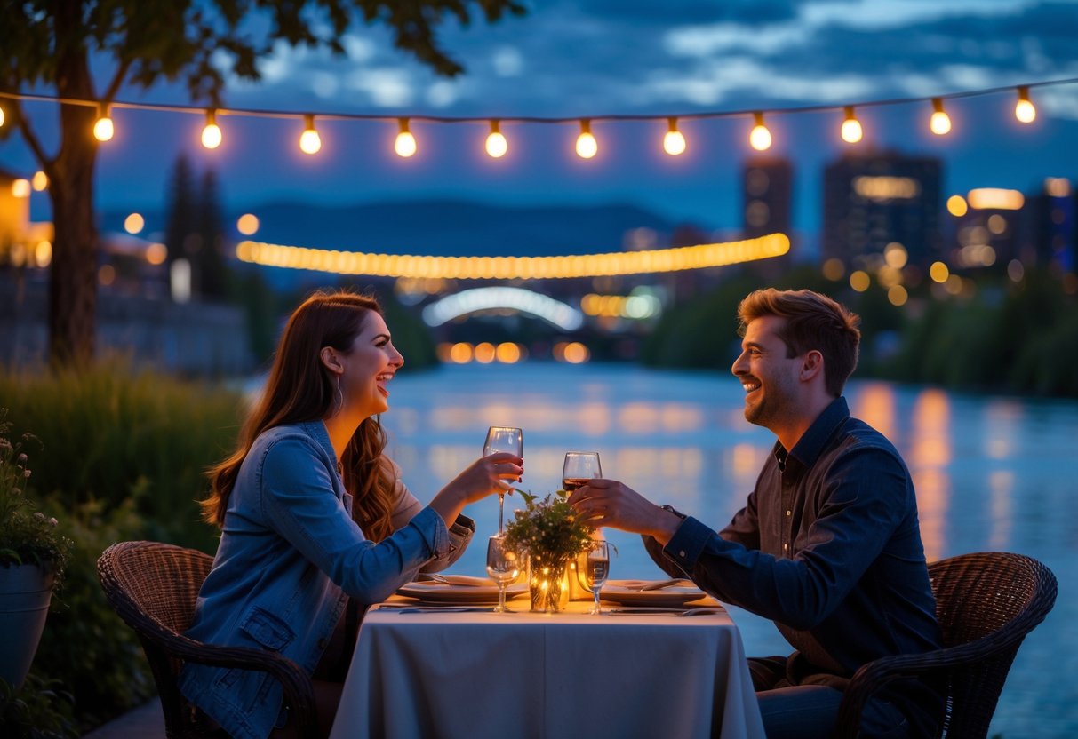 A young couple enjoying a romantic evening near a river with waterfalls and city lights in the background.