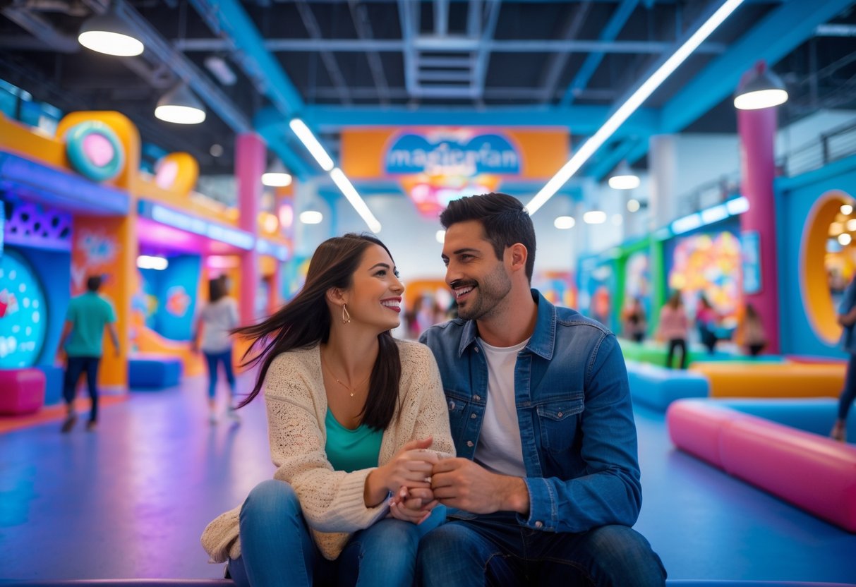 A young couple enjoying interactive exhibits together inside a colorful indoor entertainment space at Imaginarium in Ontario Mills.